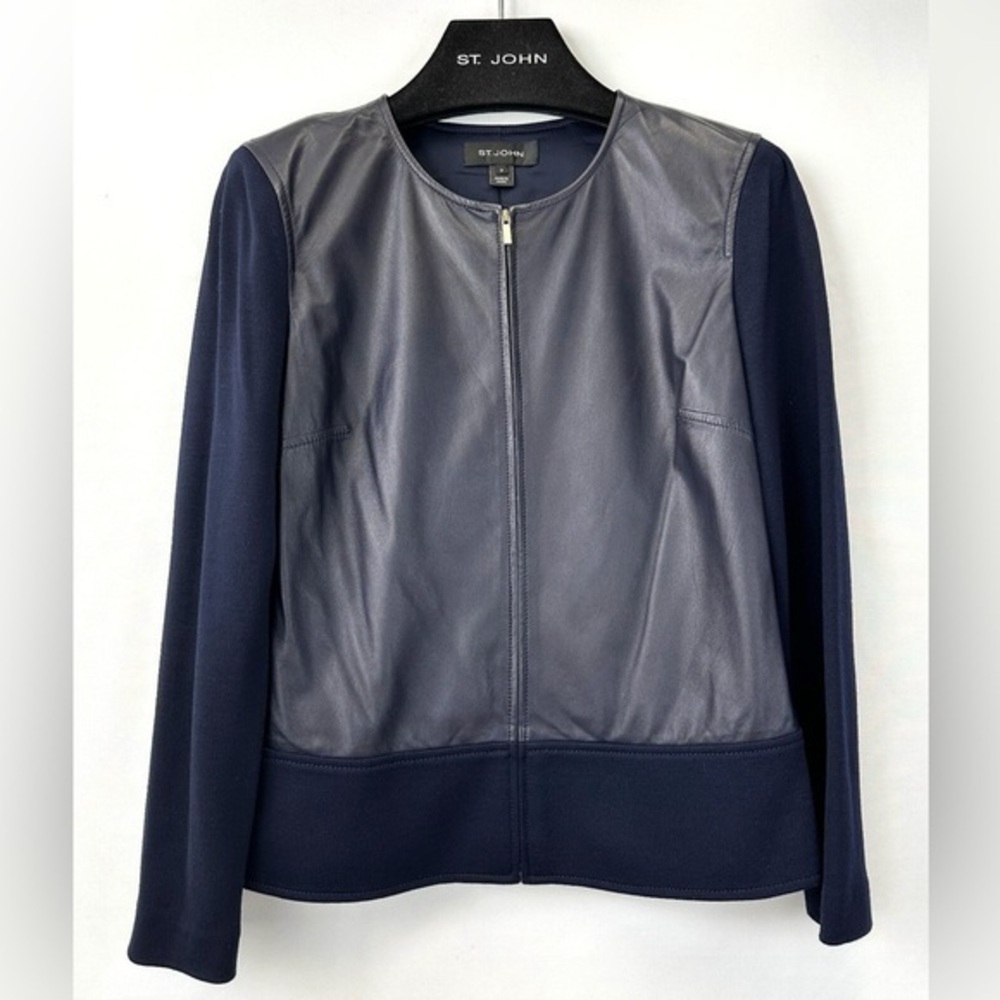 ST. JOHN Leather Milano Knit Jacket 8 Navy Contrast Zipper Long Sleeves